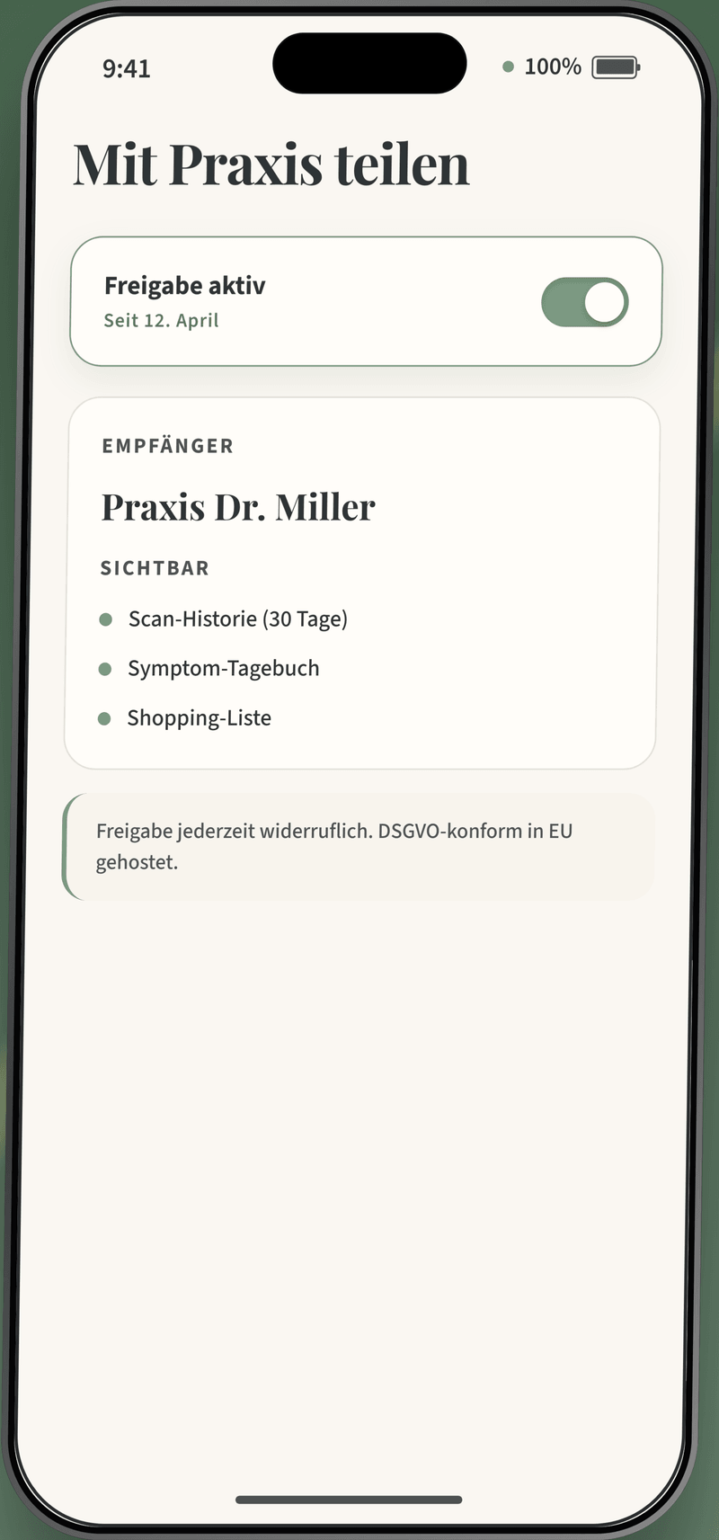 Toleah Praxis-Dashboard auf einem Laptop, mit Patient:innen-Liste und Symptom-Charts.