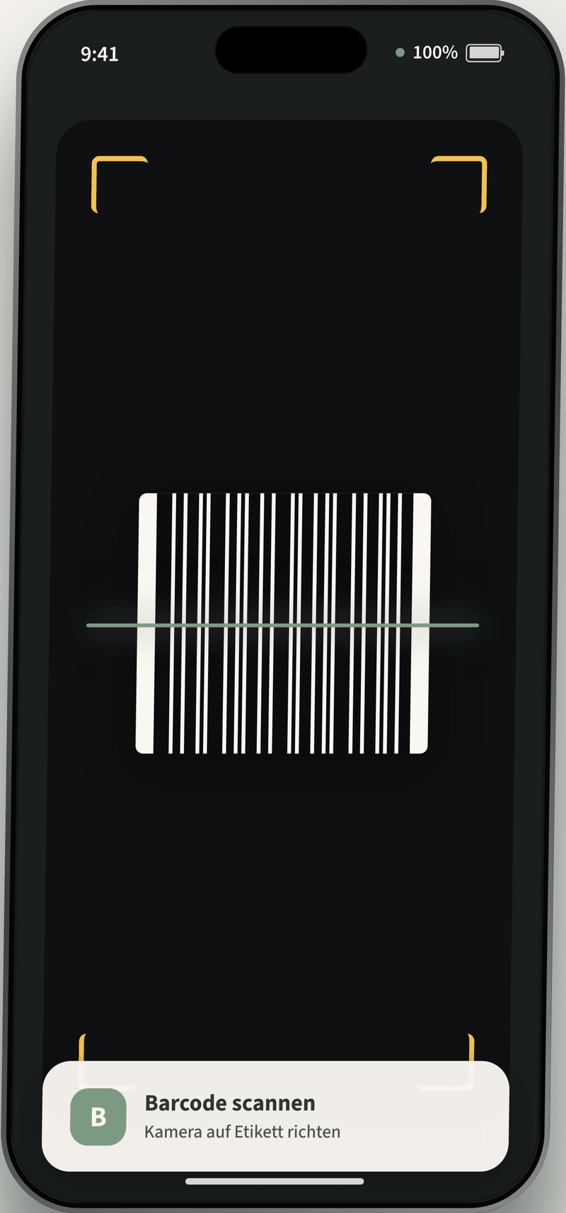 Toleah-App-Screen: Barcode-Scanner aktiv mit Bottom-Sheet "Barcode scannen — Kamera auf Etikett richten"