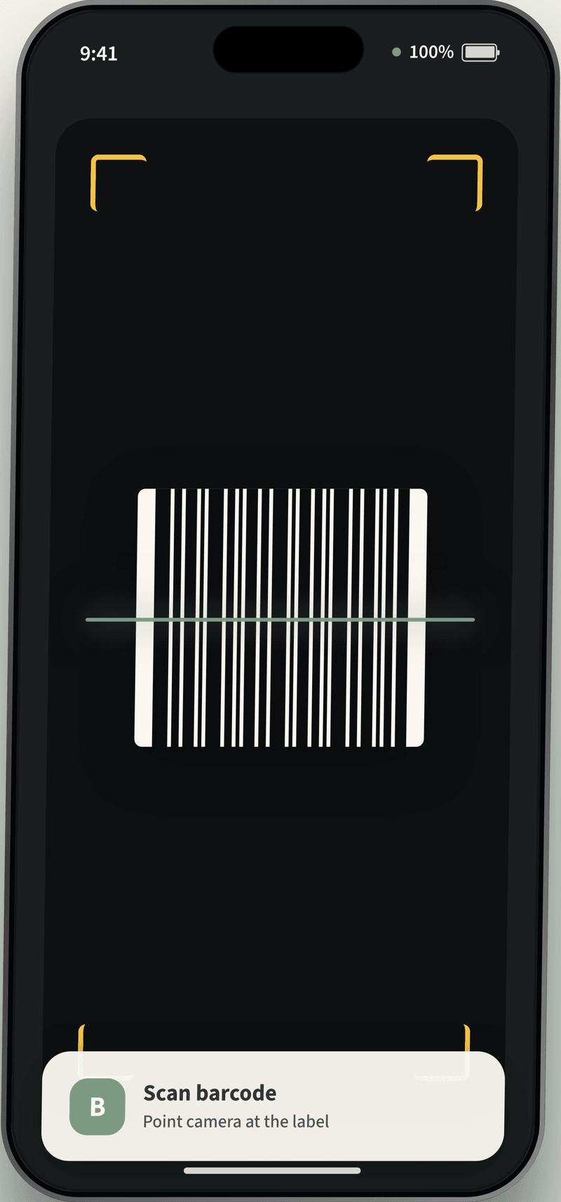 Toleah app screen: barcode scanner active with bottom-sheet "Scan barcode — point camera at label"